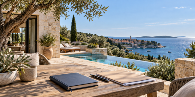 Illustration einer Ferienimmobilie an der kroatischen Adriaküste mit Unterlagen zur Finanzierungsplanung
