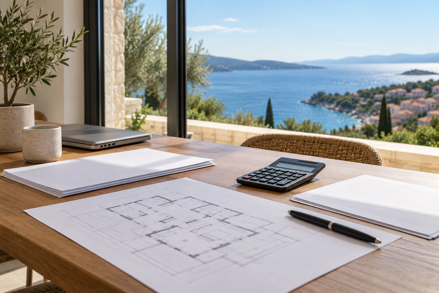 Illustration mit Unterlagen, Grundriss und Rechner zur Planung einer Ferienimmobilienfinanzierung