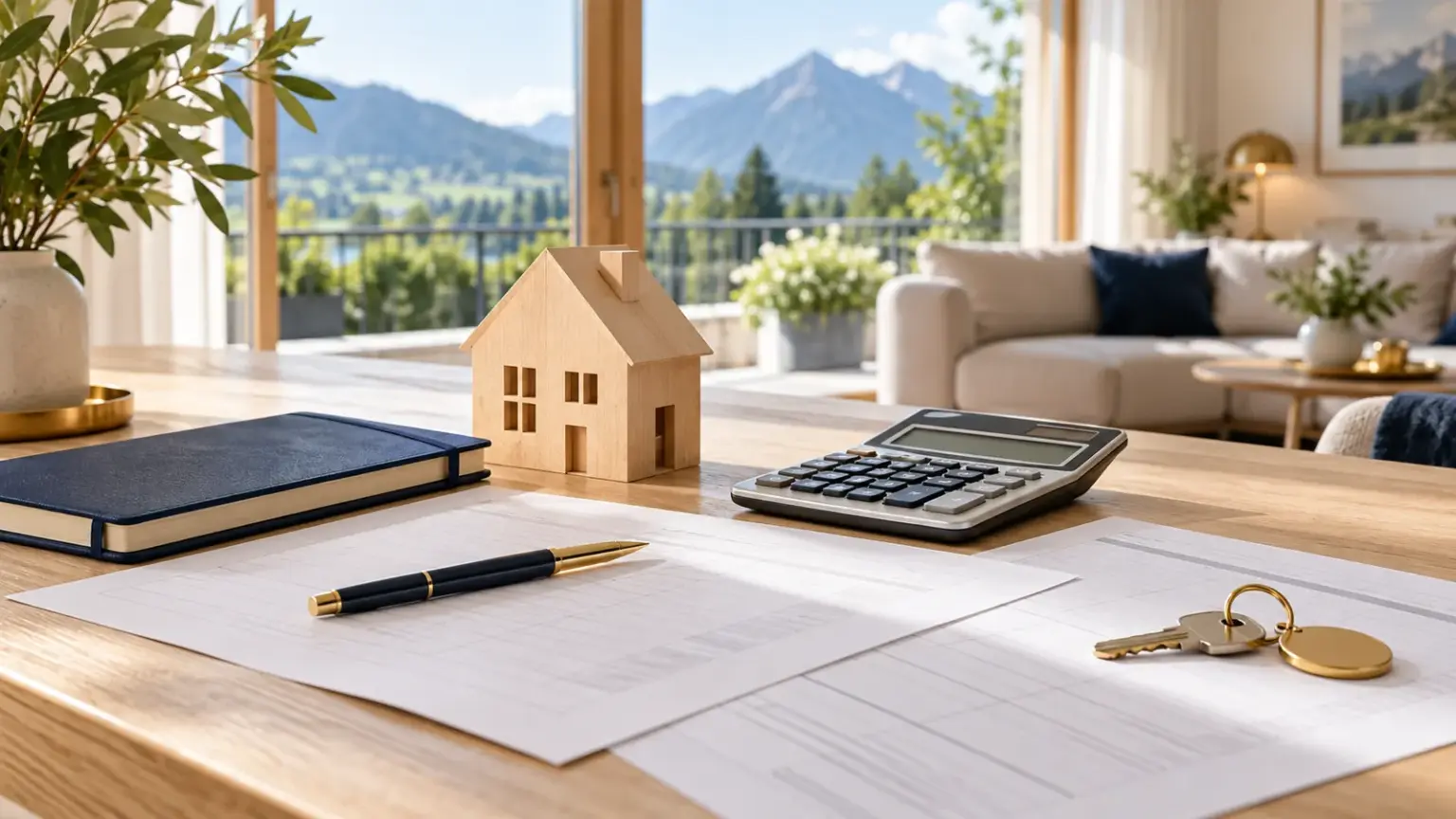 Symbolbild: Hausmodell, Taschenrechner und Planungsunterlagen zur Vorbereitung eines Immobilienkaufs