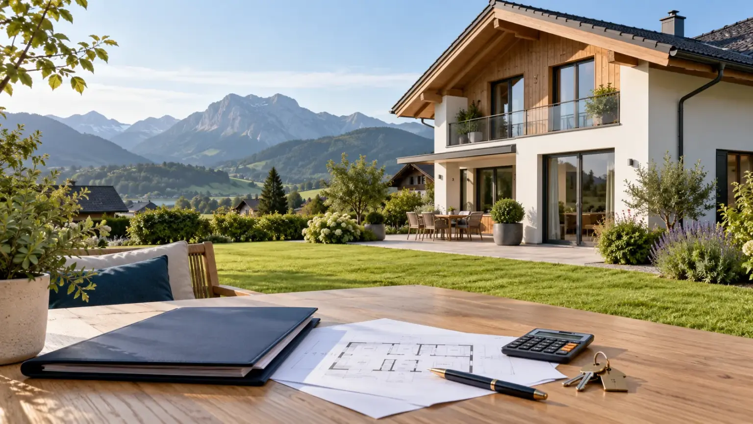 Symbolbild: Wohnhaus im österreichischen Alpenvorland mit Unterlagen zur Finanzierungsplanung