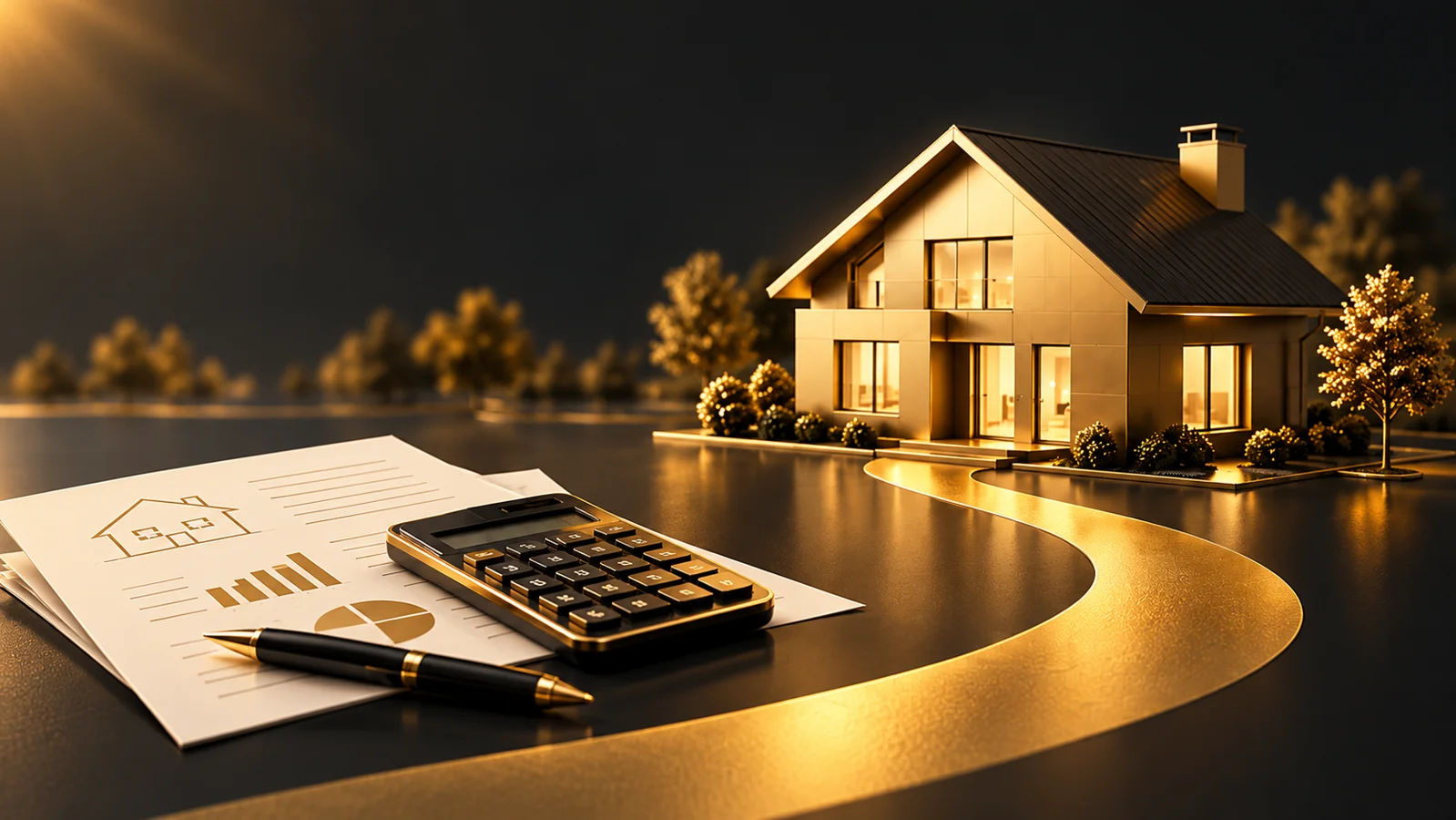 Goldenes Hausmodell mit Taschenrechner und Planungsunterlagen zur frühzeitigen Immobilienfinanzierung