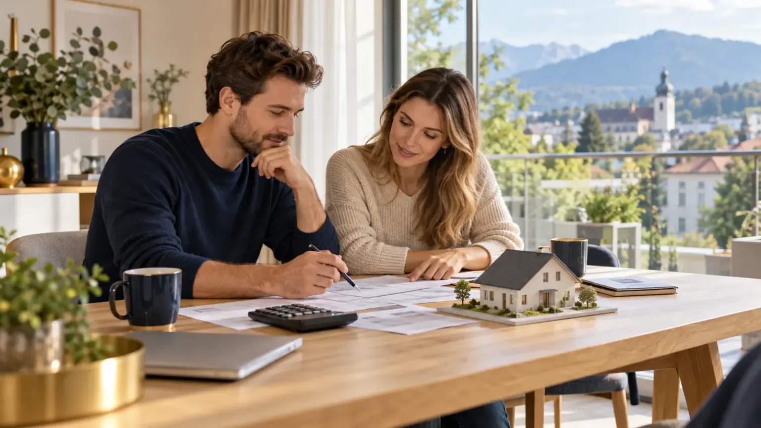 Symbolbild: Paar plant sein Immobilienbudget mit Unterlagen, Taschenrechner und Hausmodell